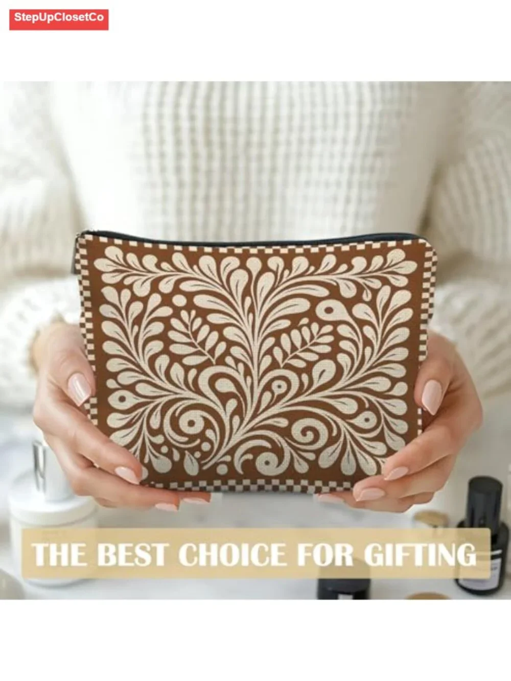 Boho Mexican Floral Makeup Bag Linen Canvas Zipper Cosmetic Pouch Travel